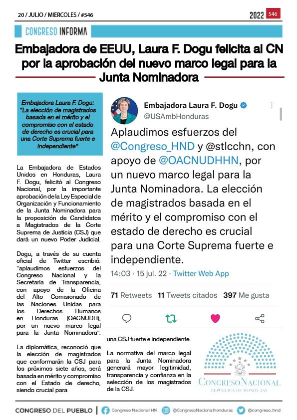 Embajadora Laura F. Dogu felicita al CN por la aprobación Ley de Junta Nominadora